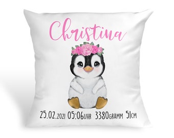 Personalisiertes Kissen mit Baby Pinguin Geschenk zur Geburt oder Taufe mit Namen und Datum Mädchen Baby Babykissen