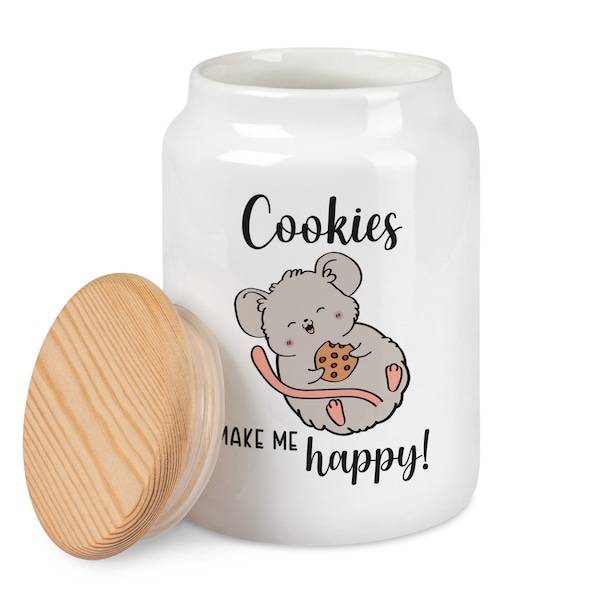 Keksdose mit Maus und Spruch Cookies make me happy Cookiedose Vorratsdose mit Holzdeckel Plätzchendose