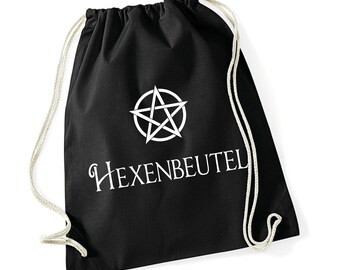 Stoffbeutel mit Druck Hexenbeutel und Pentagramm Halloween Rucksack Turnbeutel Gothic Hexe schwarz weiß