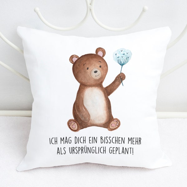 Pillow with bear and saying I like you a bit more than originally planned 40 x 40 cm white