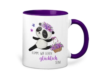 Süße Kaffeetasse mit Panda und Spruch Komm wir gehen glücklich sein Bedruckter Kaffeebecher Tasse