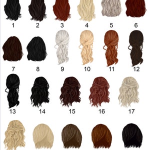 May include: A set of 22 different hair styles for women. The hair styles are all different colors and lengths. The hair is drawn in a cartoon style.