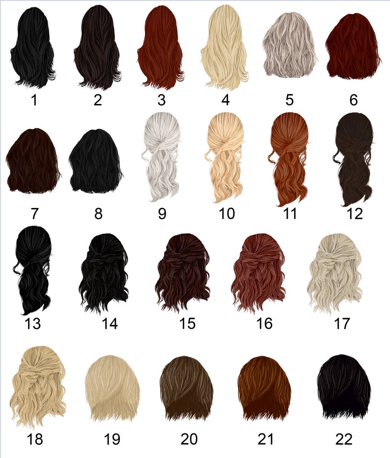 May include: A set of 22 different hair styles for women. The hair styles are all different colors and lengths. The hair is drawn in a cartoon style.