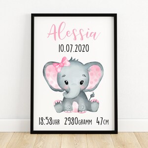 Regalo de cartel personalizado para el nacimiento con elefante bebé A3 cartel arte impresión wallart idea de regalo para la impresión de la niña del bautismo