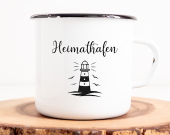 Bedruckte Emaille Tasse maritim mit Spruch Heimathafen Leuchtturm nautisch shabby chic