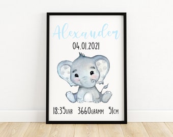 Personalisiertes Poster Geschenk zur Geburt mit Baby Elefant A3 Poster Kunstdruck Wallart Geschenkidee zur Taufe Junge Druck