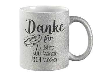 Glitzertasse silber Geschenk zur Silberhochzeit Danke für 25 Jahre Bedruckte Kaffeetasse mit Glitzer Tasse Kaffeebecher