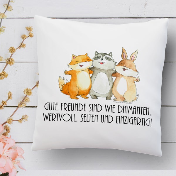 Pillow with saying Good friends are like diamonds and animal motif Cushion with print 40 x 40 cm white