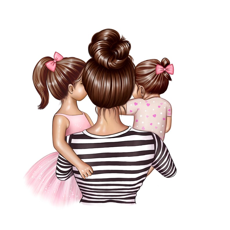 Puede incluir: Una mujer con el pelo casta&ntilde;o recogido en un mo&ntilde;o sostiene a dos ni&ntilde;as peque&ntilde;as con lazos rosas en el pelo. Las ni&ntilde;as llevan vestidos rosas y la mujer lleva una camisa a rayas blancas y negras.