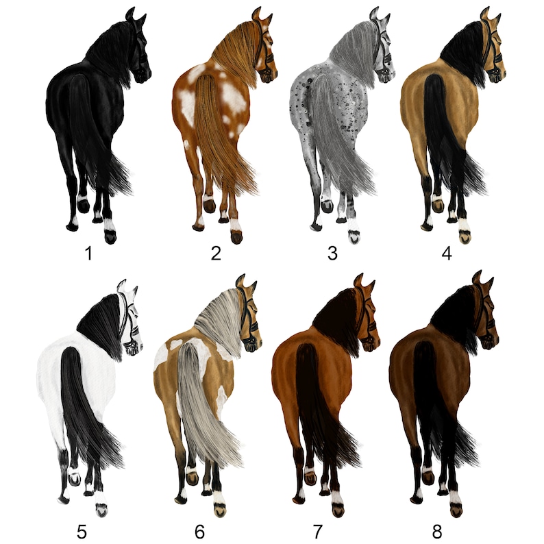 May include: Eight different horse illustrations, each with a different coat color and pattern. The horses are facing away from the viewer, with their tails flowing behind them. The horses are numbered 1 through 8.