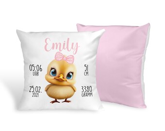 Personalized pillow with baby duckling gift for birth or christening with name and date baby pillow chick duck