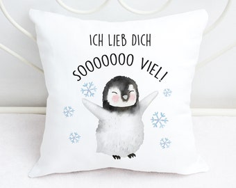 Kissen mit Pinguin und Spruch Ich lieb dich so viel  40x40 cm weiß Valentinstag