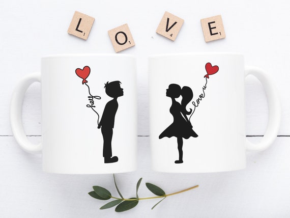 Set of coffee mugs with print King Queen mugs for couples