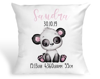 Personalisiertes Kissen mit Panda Bärchen Taufkissen Geschenk zur Geburt oder Taufe mit Namen und Datum Mädchen Bär