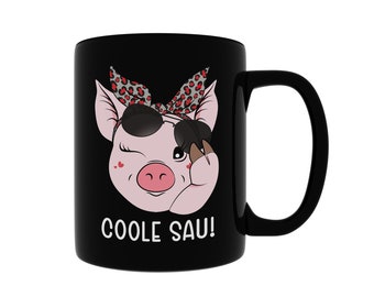 Lustiger Kaffeebecher mit Schwein und Spruch Coole Sau Kaffeetasse schwarz schwarze Tasse