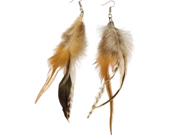 Feather jewelry earrings with feathers feather earrings boho festival brown cream white natural stainless steel