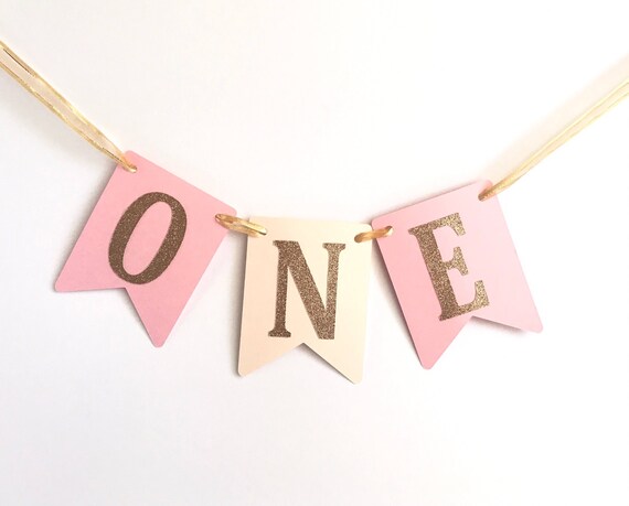 Happy Birthday One High Chair Banner Girl Pink Gold 1st Etsy