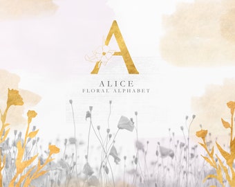 Gold floral alphabet uppercase with 27 letters and 10 gold elements, capital font with flowers hand drawn, gold alphabet clip art, gold font