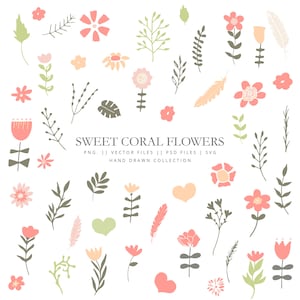 Clip art with doodle flowers, sweet coral flowers, leaves and branches, hand drawn clipart, flowers vector, branches vector, doodle flowers