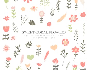 Clipart med korallfärgade blommor, 50 handmålade blommiga element, löv, grenar, blommor, kronblad, blomklotter, clipart, vektor