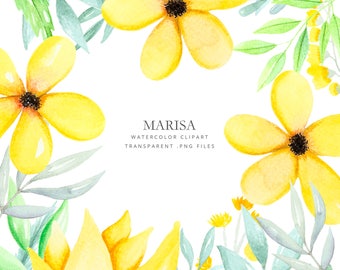 Clipart with watercolor yellow flowers, leaves watercolor, all files hand drawn, illustration flowers, watercolor flowers, yellow clipart