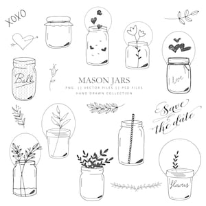 Puede incluir: Un conjunto de ilustraciones de tarros de cristal dibujados a mano con varios diseños, incluyendo corazones, flores y el texto "I love" y "Save the date".