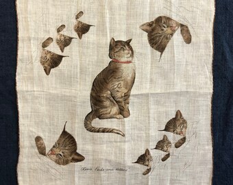 Vintage Cat UNUSED Handkerchief, PRISTINE Mid Century Kitten Kitty Kittens Cats LINEN Hankie Novelty Hanky Ladies Hankies Hand Rolled Hem