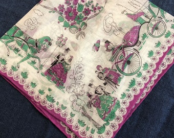 Vintage Novelty Handkerchief, UNUSED Romantic Couples Georgian Era Dress, Collectible Purple Green Hankie, Carriage Horse Hand Rolled Hem