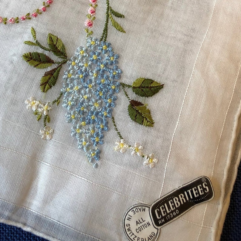 FREE SHIPPING Vintage Bridal Wedding Embroidered Handkerchief Something Old Linen Cotton Something Blue Hankies Shower Gift Blue Hanky