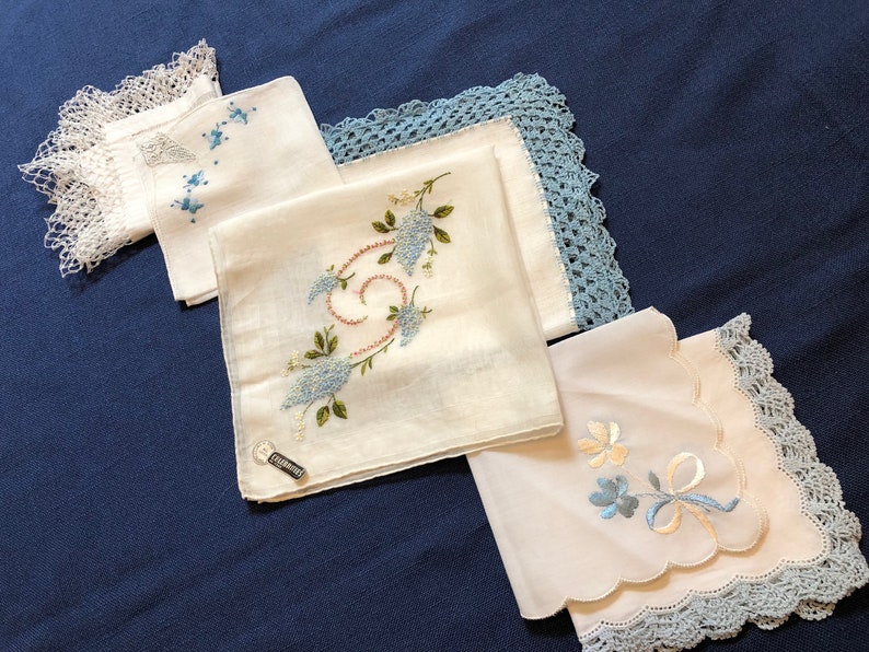 FREE SHIPPING Vintage Bridal Wedding Embroidered Handkerchief Something Old Linen Cotton Something Blue Hankies Shower Gift Blue Hanky