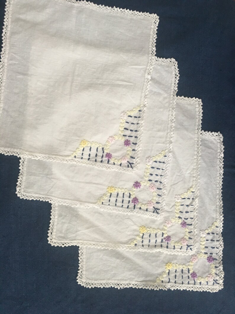 Lot of 4 Spring Time Linens Cloth Napkins Linen Doilies Hand Crocheted Lace Border Floral Design Housewarming Gift Hand Embroidered Napkins