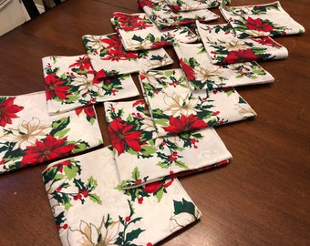 12 Christmas Cloth Napkins, PRISTINE UNUSED Vintage Dinner Table Linens, 17" Poinsettia Napkin, Red & Green Dining Linen, Tablecloth