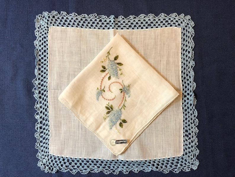FREE SHIPPING Vintage Bridal Wedding Embroidered Handkerchief Something Old Linen Cotton Something Blue Hankies Shower Gift Blue Hanky