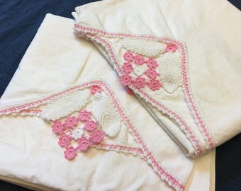 KING Size Pillowcases, UNUSED Vintage Bed Linens, HAND Crocheted Lace, Pink Pillow Case Pair, Handmade Antique Bedding, Cottage Decor