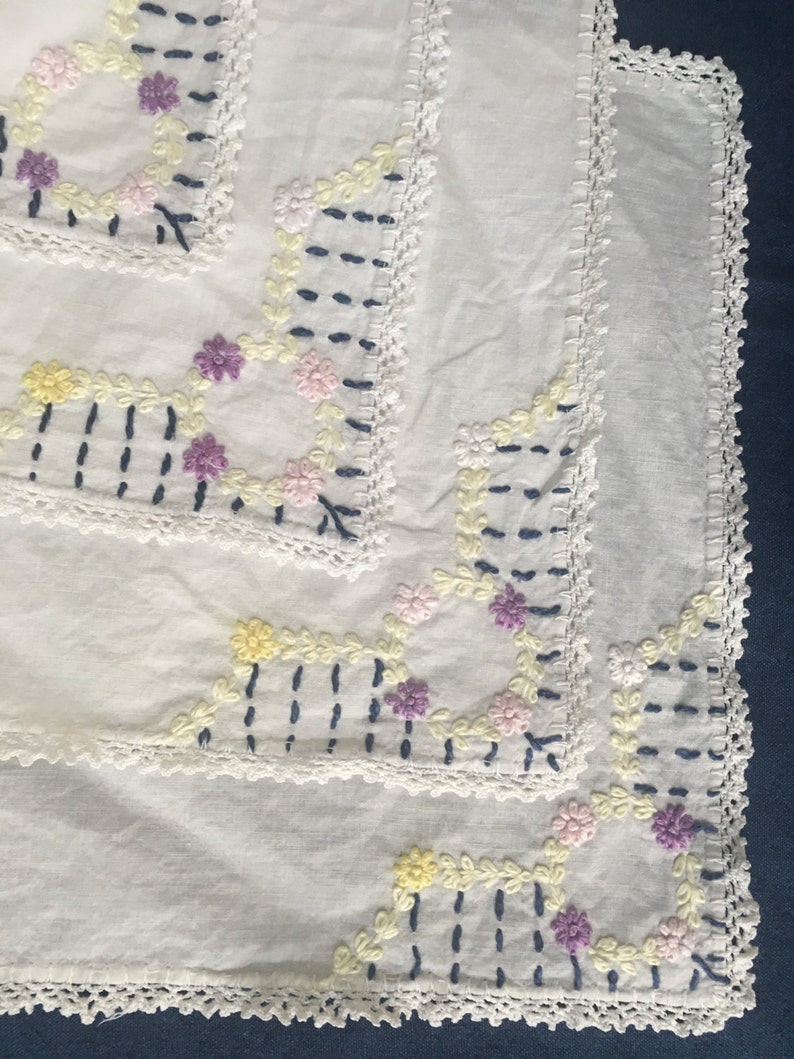 Lot of 4 Spring Time Linens Cloth Napkins Linen Doilies Hand Crocheted Lace Border Floral Design Housewarming Gift Hand Embroidered Napkins