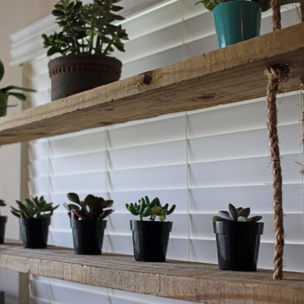 Rope and wood hanging shelves - reclaimed wood shelving - home decor - display shelves