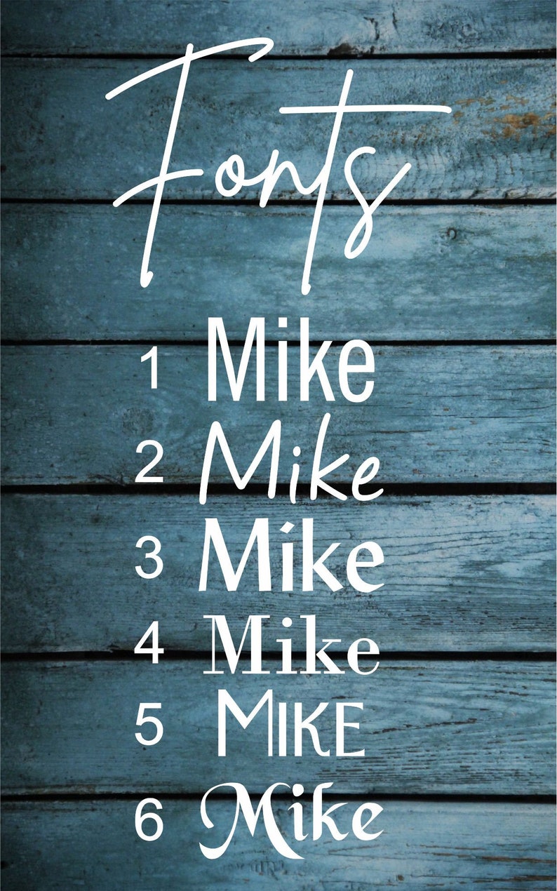 Pu&ograve; includere: Uno sfondo in legno blu con la parola "Fonts" scritta in bianco in corsivo. Sotto la parola "Fonts", ci sono sei diverse varianti del nome "Mike" scritto in bianco, ciascuna con uno stile di carattere diverso. I numeri da 1 a 6 sono scritti in bianco a sinistra di ogni nome.
