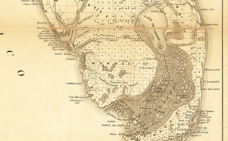 Florida Surveyor General Historic Map Print 1859 Okeechobee St Lucie Everglades Tampa Bay Miami Jacksonville Keys Wall Art Home Office