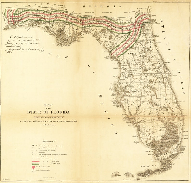Florida Surveyor General Historic Map Print 1859 Okeechobee St Lucie Everglades Tampa Bay Miami Jacksonville Keys Wall Art Home Office