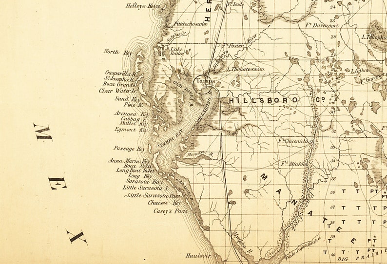 Florida Surveyor General Historic Map Print 1859 Okeechobee St Lucie Everglades Tampa Bay Miami Jacksonville Keys Wall Art Home Office