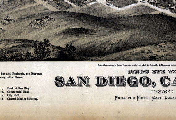Birds Eye Map of San Diego so cal west coast home and office print vintage 1876 Poster California historic wall art