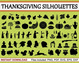 Thanksgiving Silhouettes, Set of 66 Commercial Use Clipart, Thanksgiving Clipart, Autumn, Fall, Turkey, Holiday, pdf png eps dxf svg file