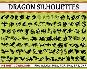 Dragon Silhouettes, Set of 98 Commercial Use Clipart, Chinese Dragon Clipart, Mythical Creature, Mythological, pdf png eps dxf svg file