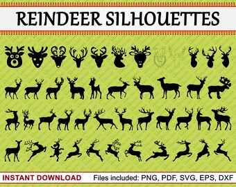 Reindeer Silhouettes, Set of 45 Commercial Use Clipart, Christmas Clipart, Reindeer Clipart, Deer Clipart, pdf png eps dxf svg files