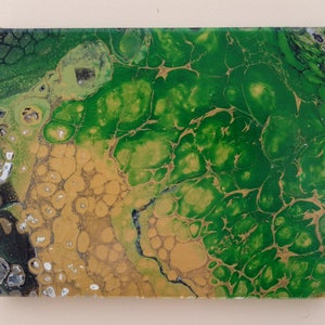 8x10 Green and Gold Acrylic Pour Painting, Fluid Art