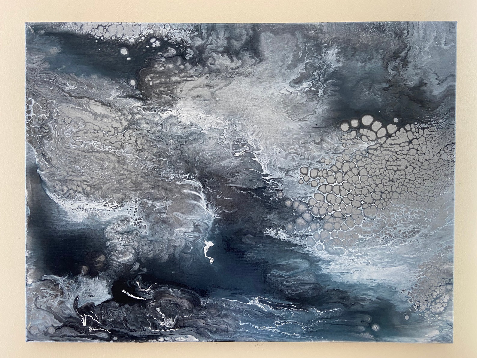 18x24 Metallic Acrylic Pour Painting, Silver and Pewter, Fluid Art