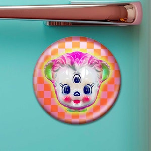 Anthropomorphic Kitschy Bear w/3rd Eye Magnet, Weird Stuff | Cute Kawaii Buttons, Kitschy Art, Weird art, Creepy Cute