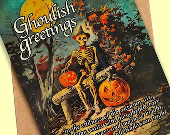 Halloween Greeting Card - Vintage Inspired Cute Skeleton Sitting w/a Pumpkin, Fall Colors - Blank Inside with Brown Envelope, Spooky Cards