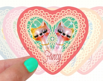 Pegatinas de vinilo resistentes a la intemperie para ordenador portátil, pegatinas kawaii con forma de corazón de gato elegante, inspiración kitsch, coloridas, vintage, kitsch