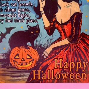 May include: A vintage-style Halloween illustration featuring a black cat perched on a carved pumpkin. A woman in a red dress is depicted, with the words "Happy Halloween" prominently displayed. The background has a blue sky with stars.